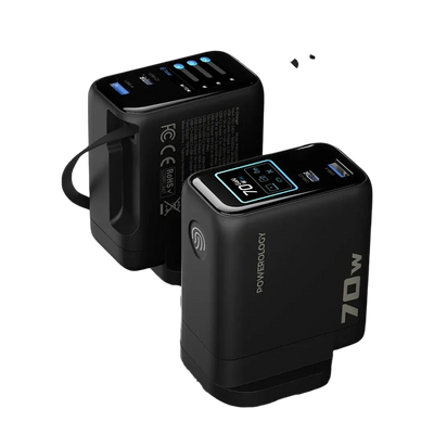 Powerology 70W TFT Adapter with Retractable Type-C Cable - Black