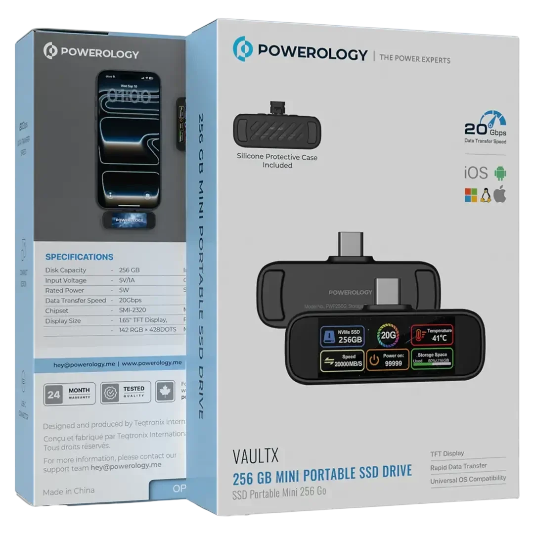 Powerology VaultX 256GB Mini Portable SSD Drive - Black