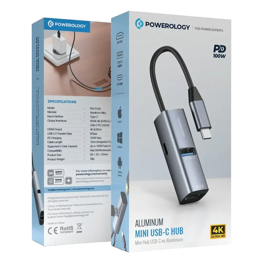 Powerology Aluminum Mini USB-C Hub - Black