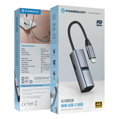 Powerology Aluminum Mini USB-C Hub - Black